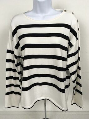 Striped Boatneck Button-Shoulder Soft Sweater - White/Black Super Cute On.